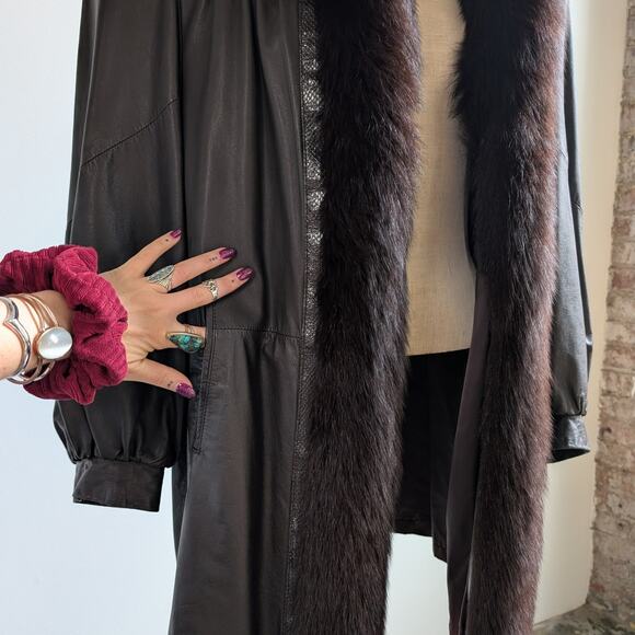 Vintage Black Leather Trench Coat Fur Penny Lane Jacket Goth Minimalist Large - Picture 7 of 11